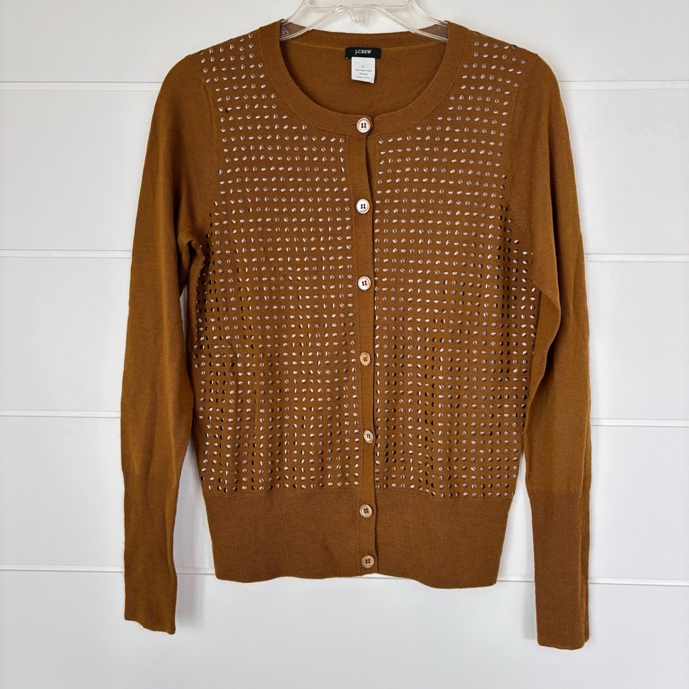 J. Crew Women's Studded Button-Up Wool Cardigan in Caramel Brown Size Small